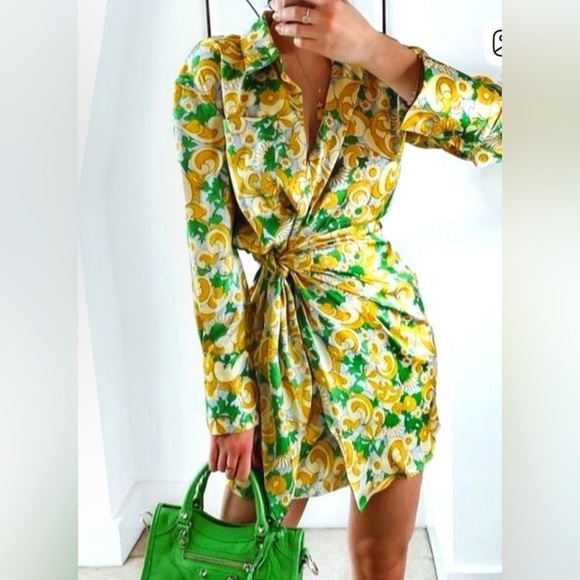 NWT Zara Green and Yellow Long Sleeve Wrap Dress - Picture 2 of 3